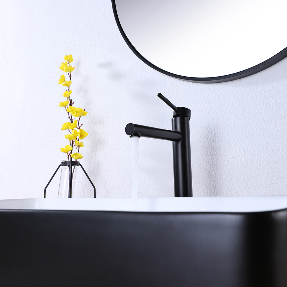 Matte Black Tall Single-Hole Vessel Basin Faucet with Cylindrical Spout & Slim Round Lever Handle