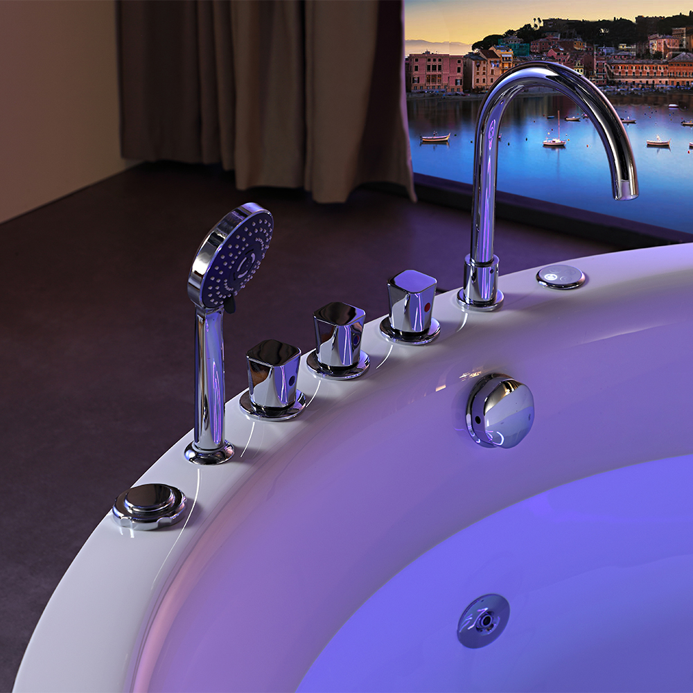 SHUIDAO Round Whirlpool Bathtub with Blue-Purple LED Chromotherapy, Air Bubble System & 5-Hole Chrome Deck-Mount Filler