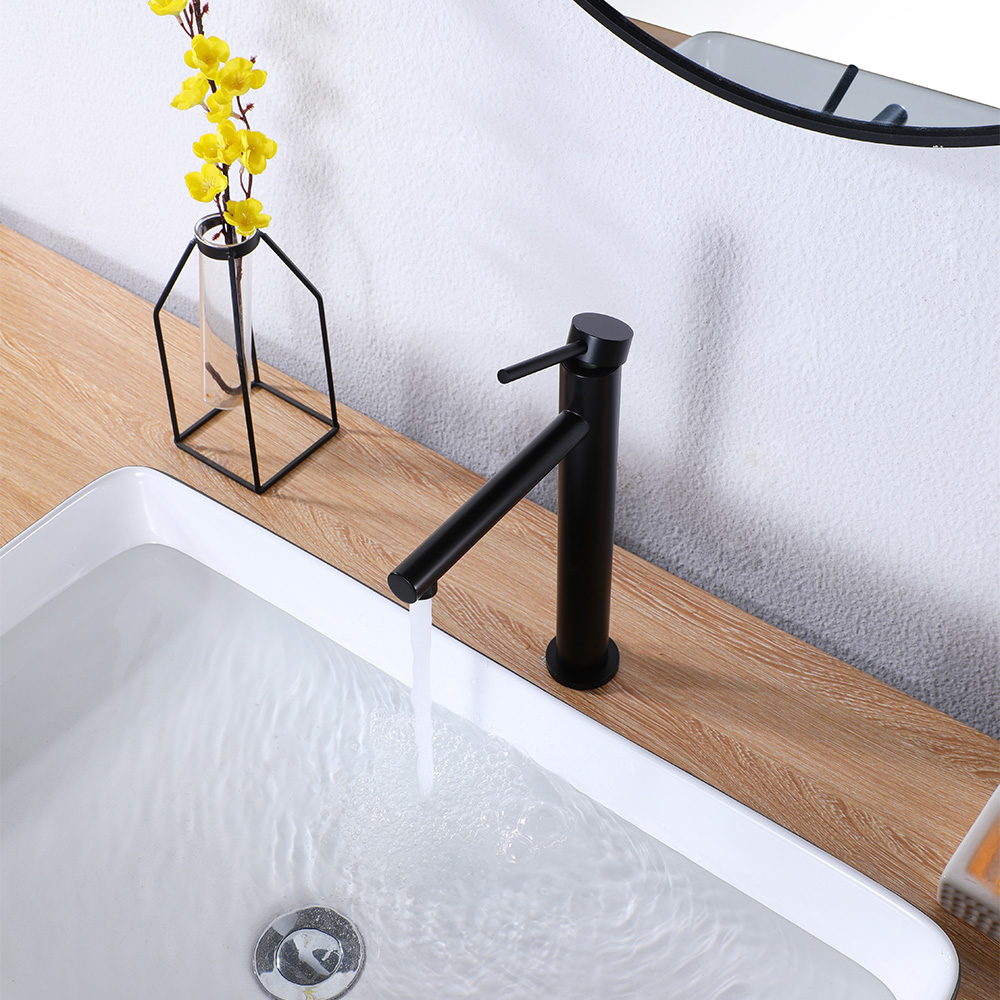 Matte Black Tall Single-Hole Vessel Basin Faucet with Cylindrical Spout & Slim Round Lever Handle