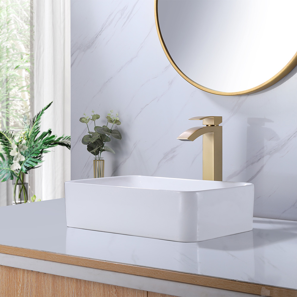 SHUIDAO Brushed Gold Tall Vessel Basin Faucet with Arched Square-Body Waterfall Spout — Side View