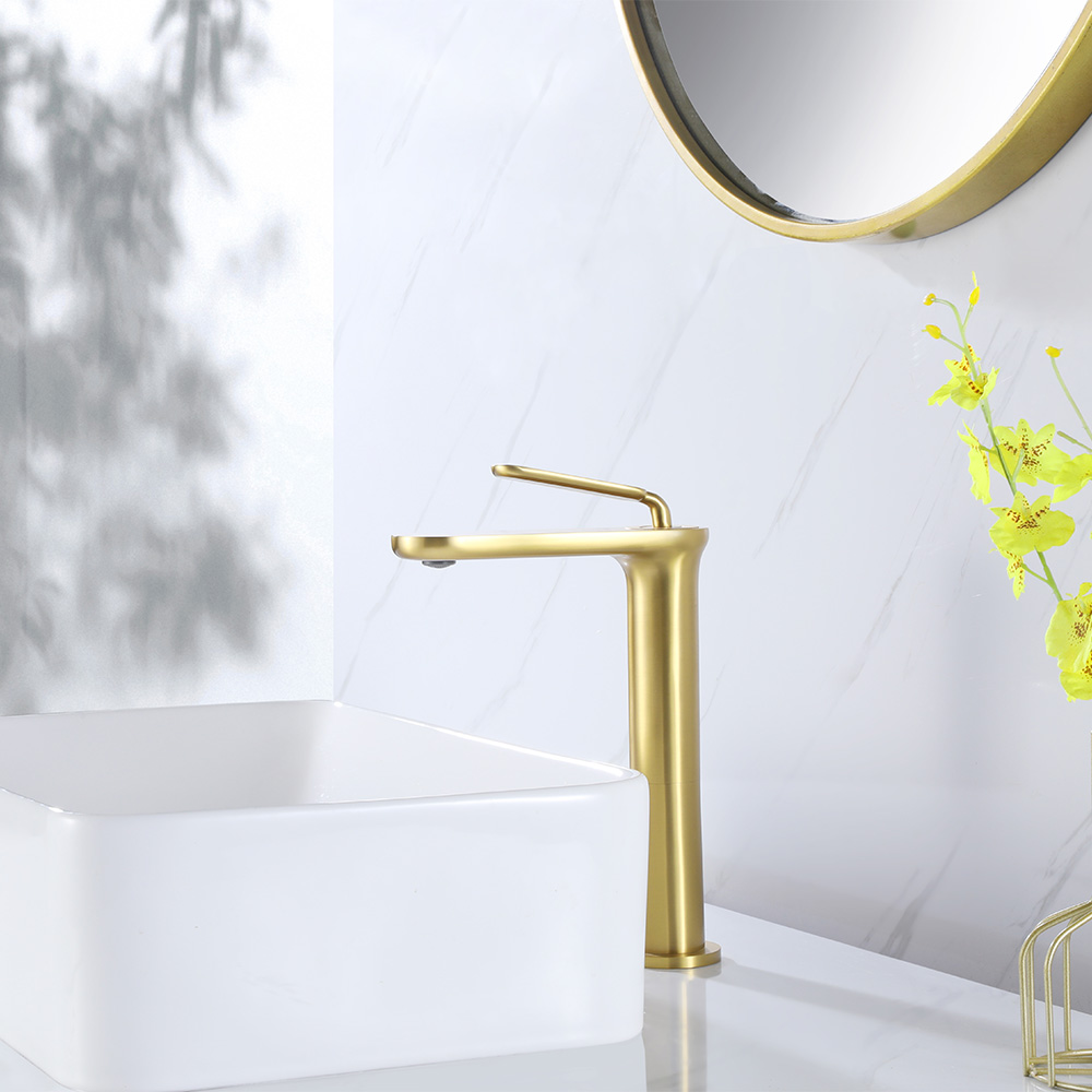 Brushed Gold Tall Single-Hole Vessel Basin Faucet with Tapered Column, Arched Neck & L-Shaped Round Stick Handle
