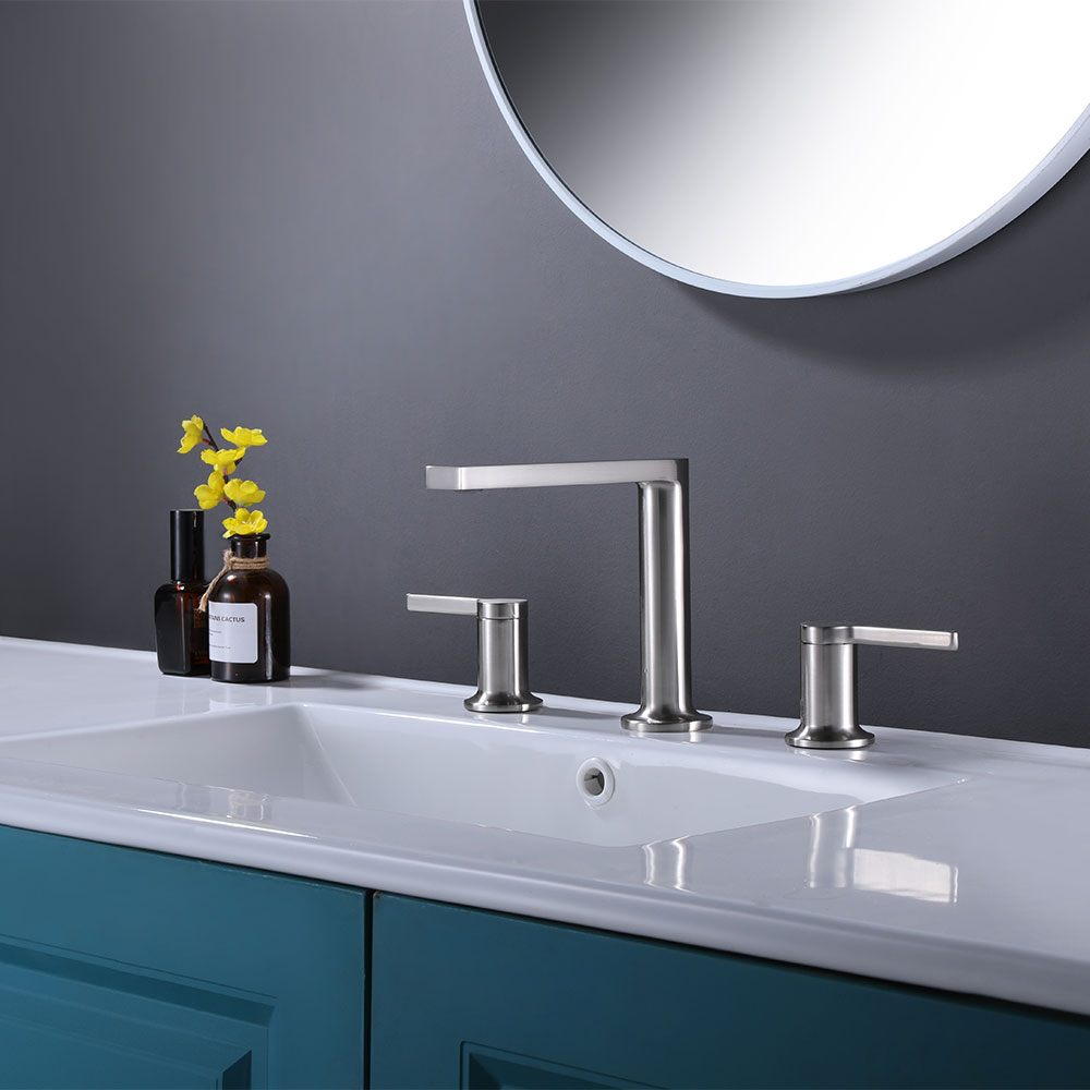 SHUIDAO Brushed Nickel 8-Inch Widespread Basin Faucet with Square Vertical Spout & Dual Cylinder Lever Handles