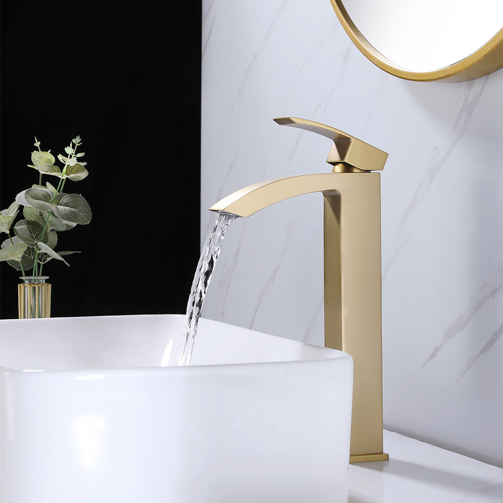 SHUIDAO Brushed Gold Tall Vessel Basin Faucet with Arched Square-Body Waterfall Spout — Side View