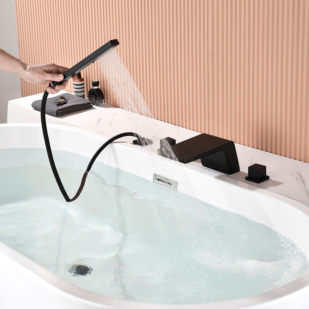 SHUIDAO Matte Black 5-Hole Deck-Mount Bathtub Faucet Set with Wide Waterfall Spout, Dual Square Handles, Diverter & Hand Shower