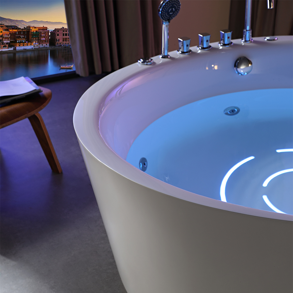 SHUIDAO Round Whirlpool Bathtub with Blue-Purple LED Chromotherapy, Air Bubble System & 5-Hole Chrome Deck-Mount Filler