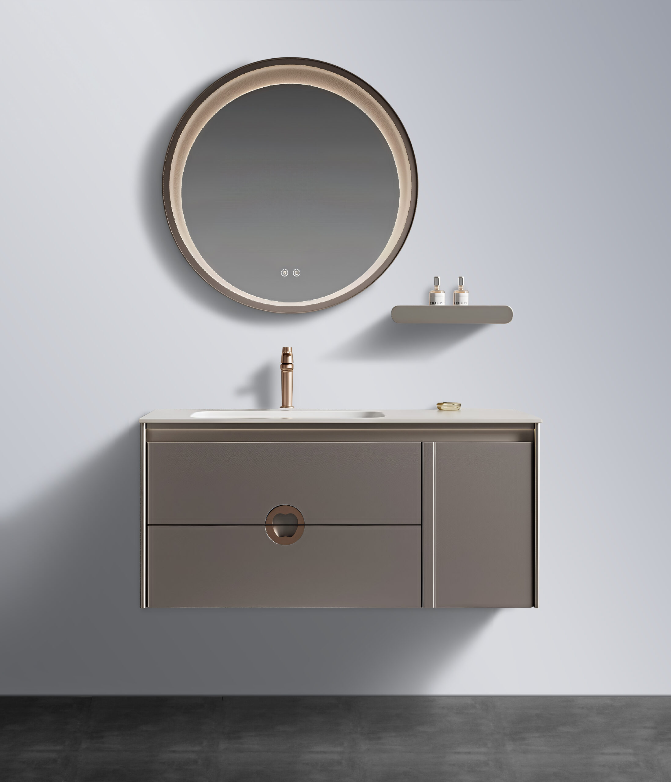 Ivory Wave-Texture Vanity with Marble Side Panels & Triple Smart Mirror Cabinet