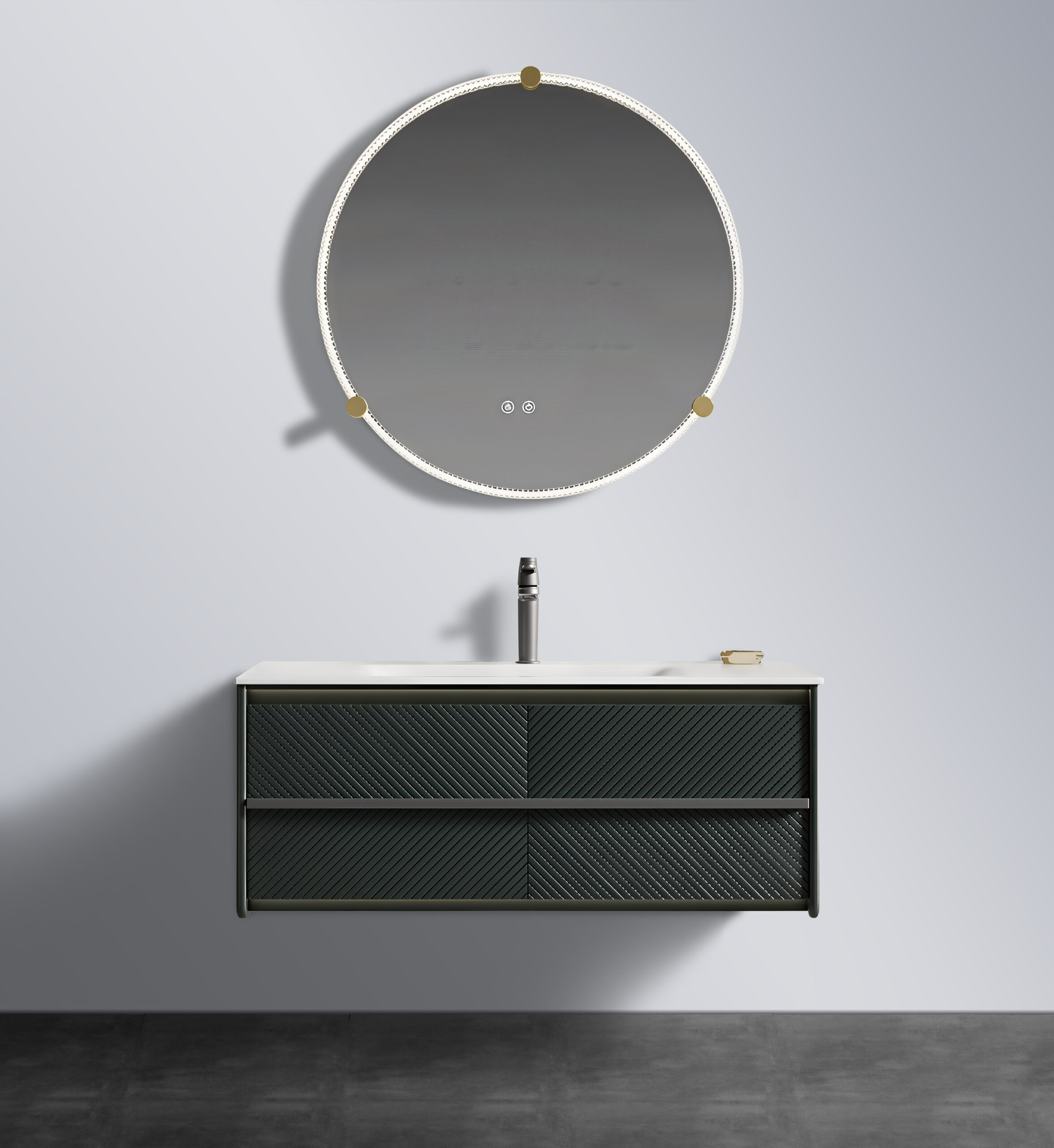 Ivory Wave-Texture Vanity with Marble Side Panels & Triple Smart Mirror Cabinet