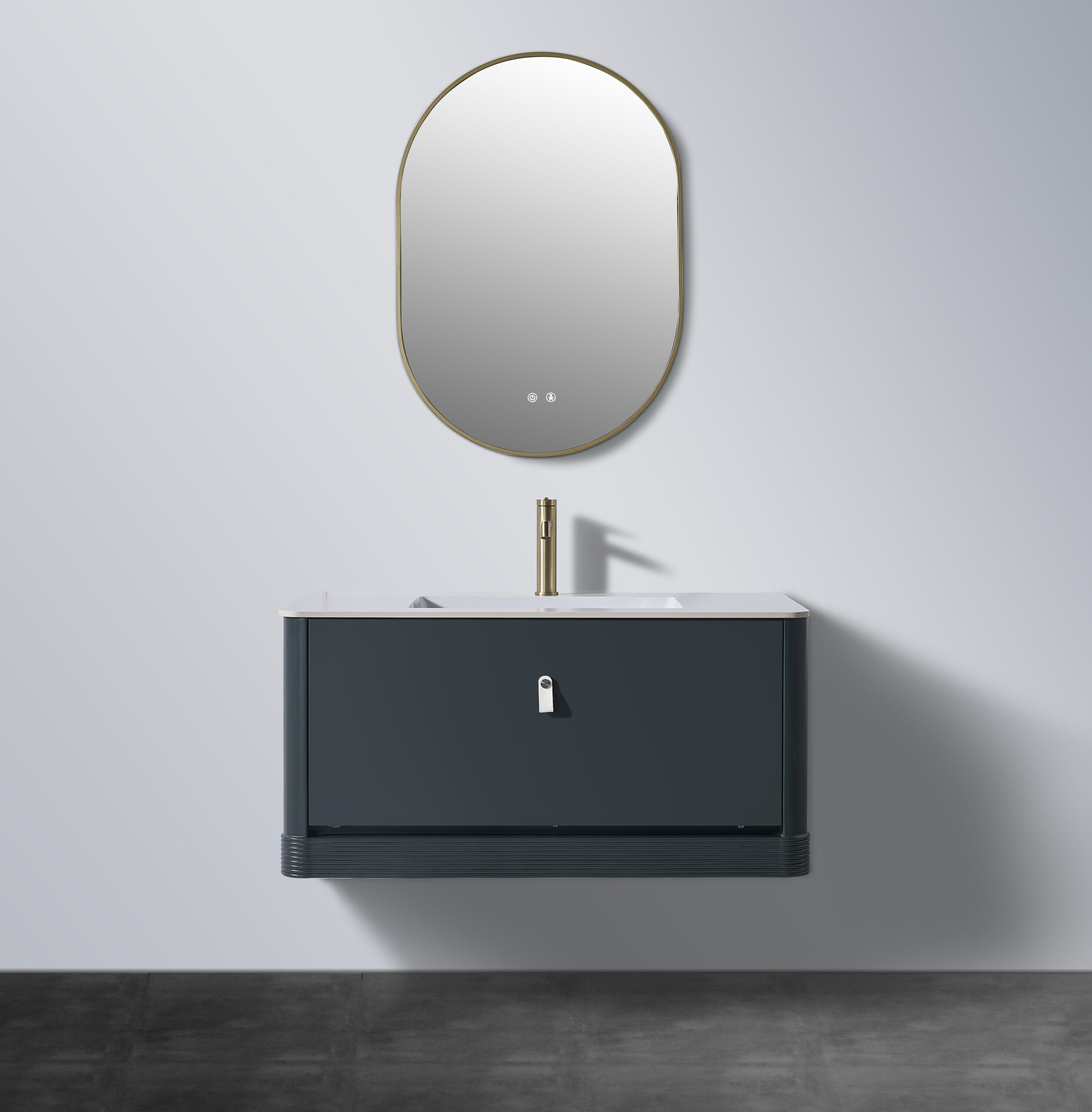 Ivory Wave-Texture Vanity with Marble Side Panels & Triple Smart Mirror Cabinet