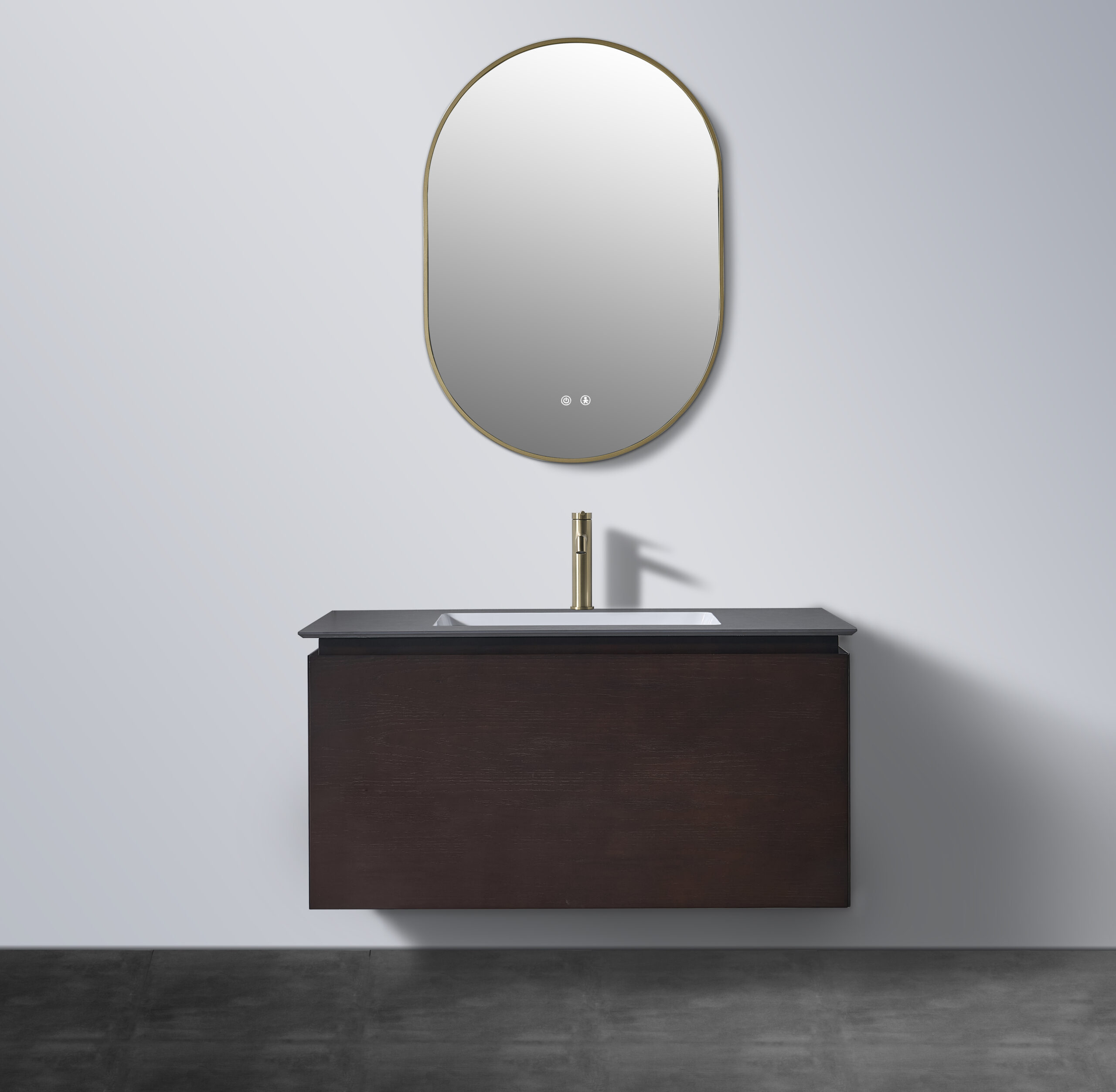 Ivory Wave-Texture Vanity with Marble Side Panels & Triple Smart Mirror Cabinet