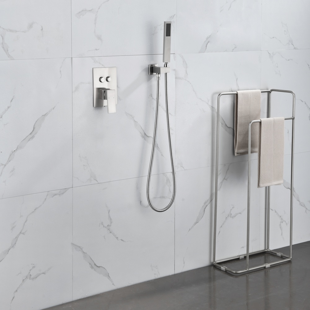 Brushed Nickel Square Series 2-Function Concealed Shower System with Ultra-Thin Rain Head, Slim Hand Shower & Dual-Button In-Wall Valve