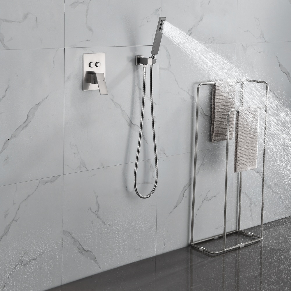 Brushed Nickel Square Series 2-Function Concealed Shower System with Ultra-Thin Rain Head, Slim Hand Shower & Dual-Button In-Wall Valve