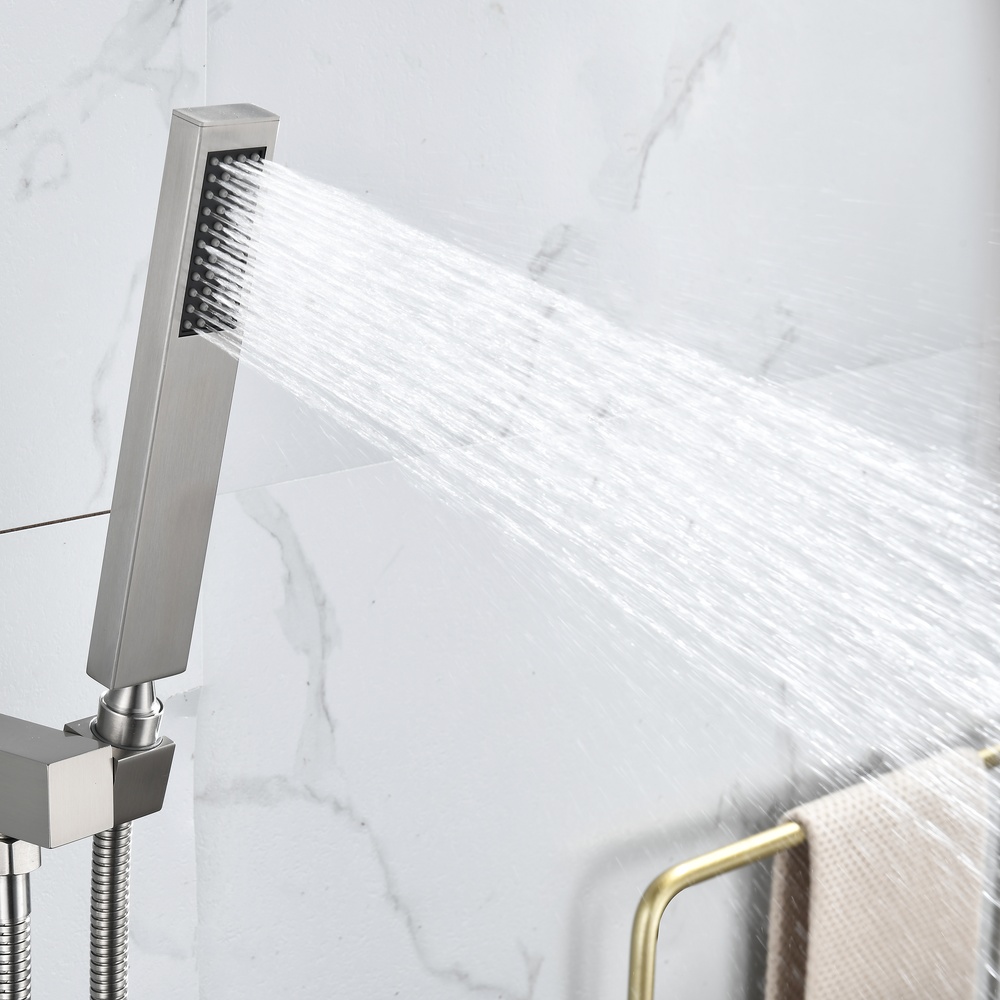 Brushed Nickel Square Series 2-Function Concealed Shower System with Ultra-Thin Rain Head, Slim Hand Shower & Dual-Button In-Wall Valve