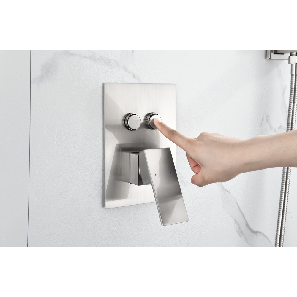 Brushed Nickel Square Series 2-Function Concealed Shower System with Ultra-Thin Rain Head, Slim Hand Shower & Dual-Button In-Wall Valve
