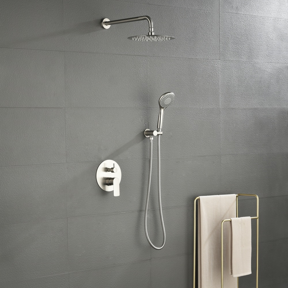 Brushed Nickel 2-Function Concealed Shower System with Rain Head, Hand Shower & In-Wall Mixer