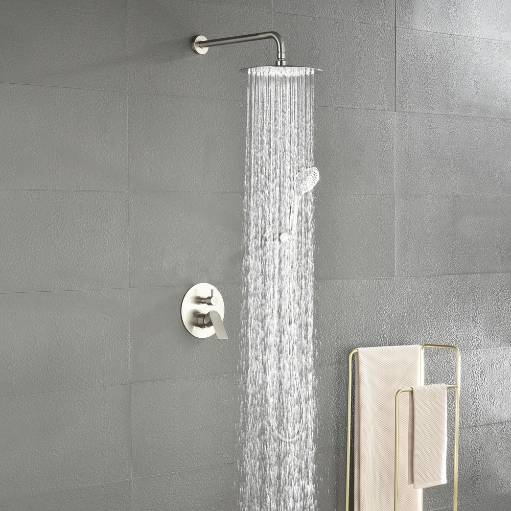 Brushed Nickel 2-Function Concealed Shower System with Rain Head, Hand Shower & In-Wall Mixer