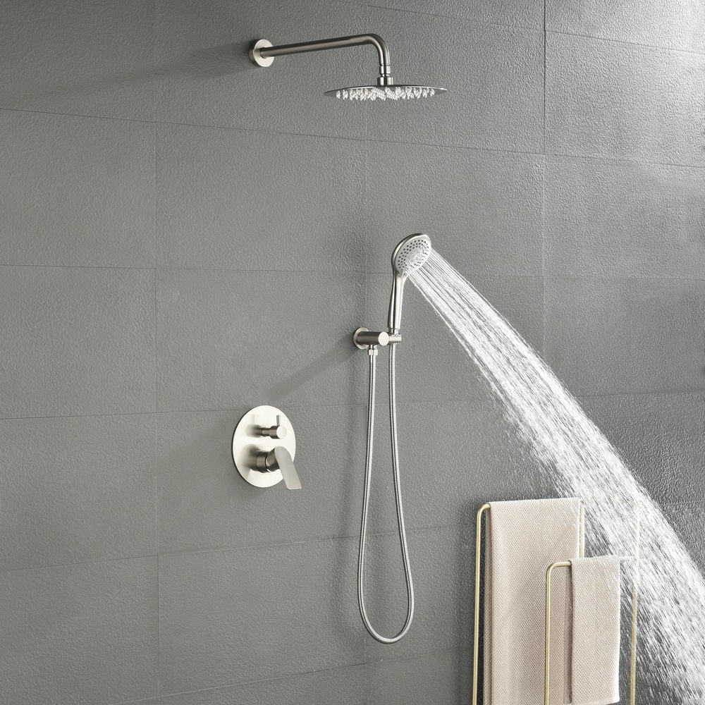 Brushed Nickel 2-Function Concealed Shower System with Rain Head, Hand Shower & In-Wall Mixer