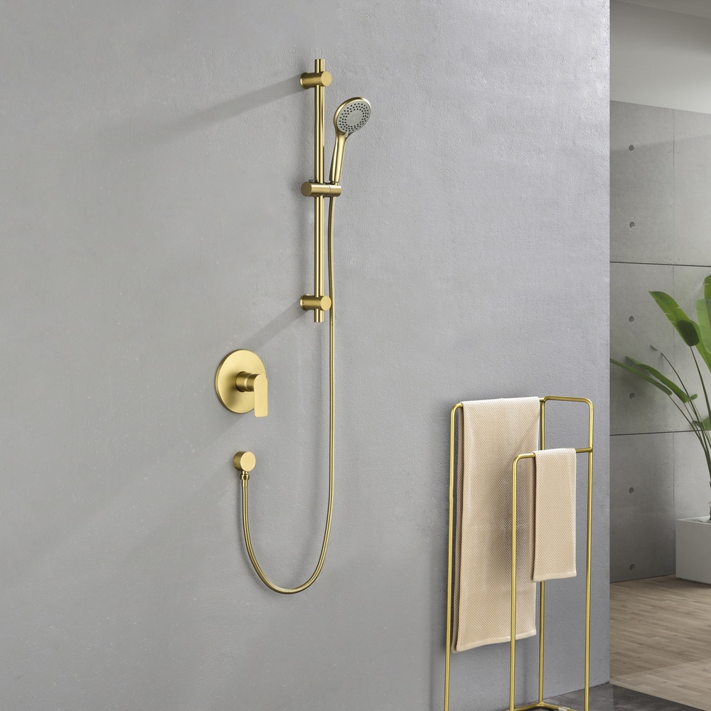 Brushed Gold Concealed Shower System with Adjustable Slide Bar, Round Hand Shower & In-Wall Mixer Valve
