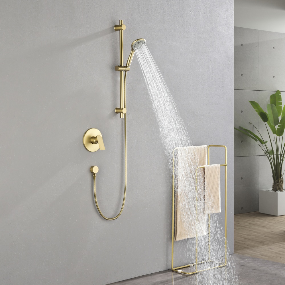 Brushed Gold Concealed Shower System with Adjustable Slide Bar, Round Hand Shower & In-Wall Mixer Valve