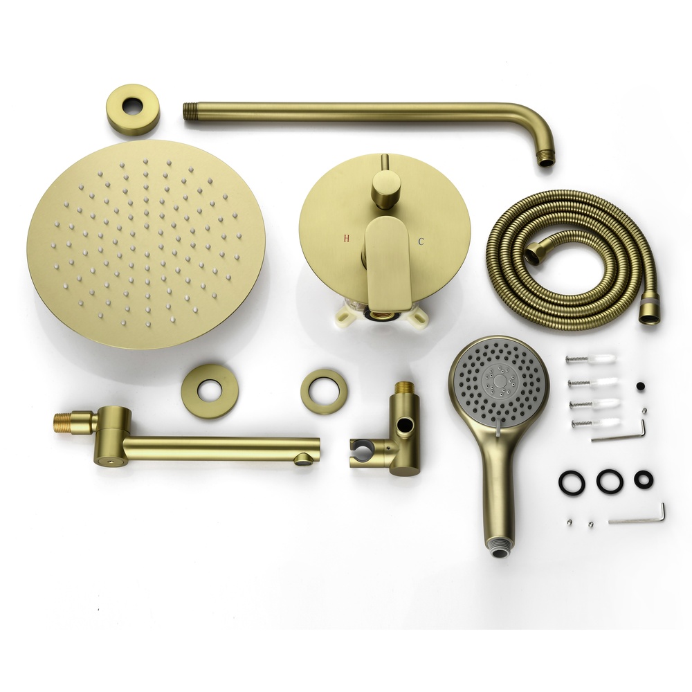 SHUIDAO Brushed Gold 3-Function Concealed Shower System with Rain Head, Hand Shower, Tub Spout & In-Wall Mixer