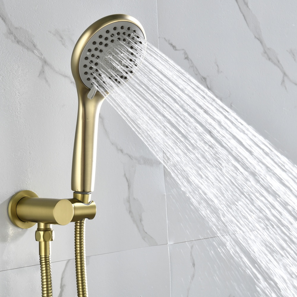 SHUIDAO Brushed Gold 3-Function Concealed Shower System with Rain Head, Hand Shower, Tub Spout & In-Wall Mixer