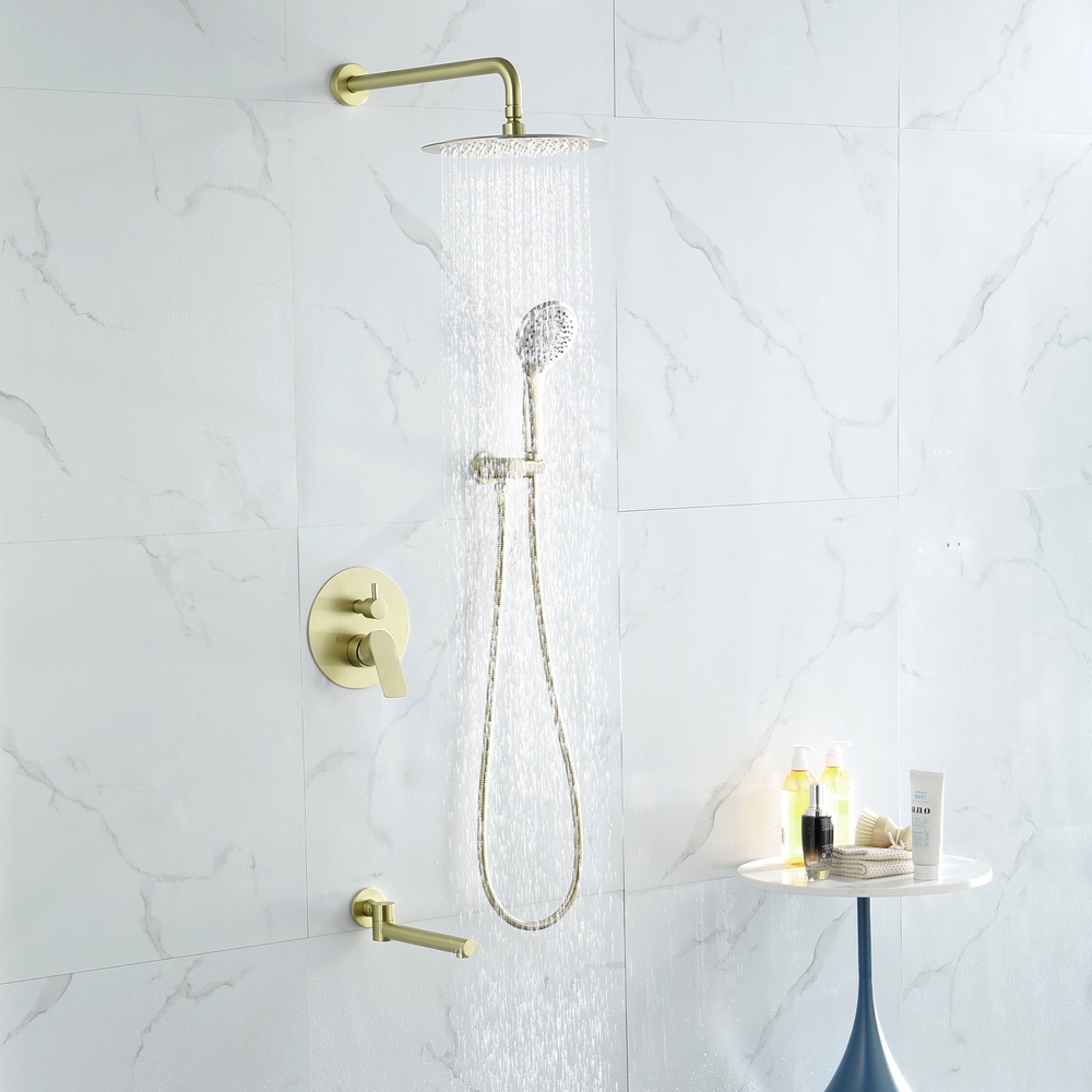 SHUIDAO Brushed Gold 3-Function Concealed Shower System with Rain Head, Hand Shower, Tub Spout & In-Wall Mixer