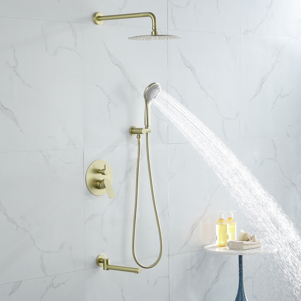 SHUIDAO Brushed Gold 3-Function Concealed Shower System with Rain Head, Hand Shower, Tub Spout & In-Wall Mixer