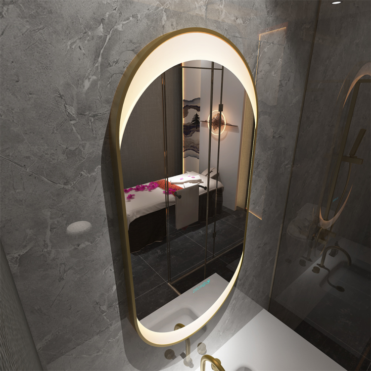Dark Walnut Frame Capsule LED Backlit Mirror with Digital Clock & Touch Control