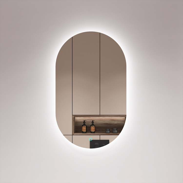 Dark Walnut Frame Capsule LED Backlit Mirror with Digital Clock & Touch Control