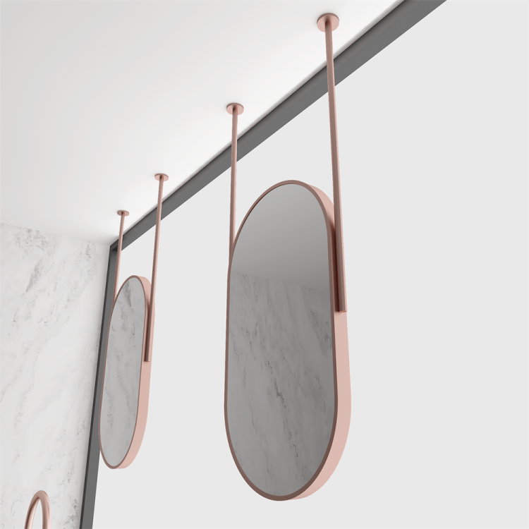 Matte Black Dual-Pole Ceiling-Suspended Capsule Mirror with Integrated Bottom Shelf