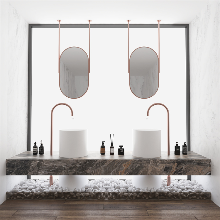 Matte Black Dual-Pole Ceiling-Suspended Capsule Mirror with Integrated Bottom Shelf