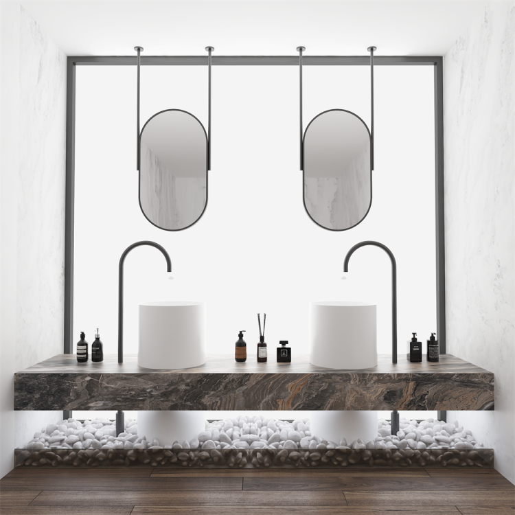 Matte Black Dual-Pole Ceiling-Suspended Capsule Mirror with Integrated Bottom Shelf