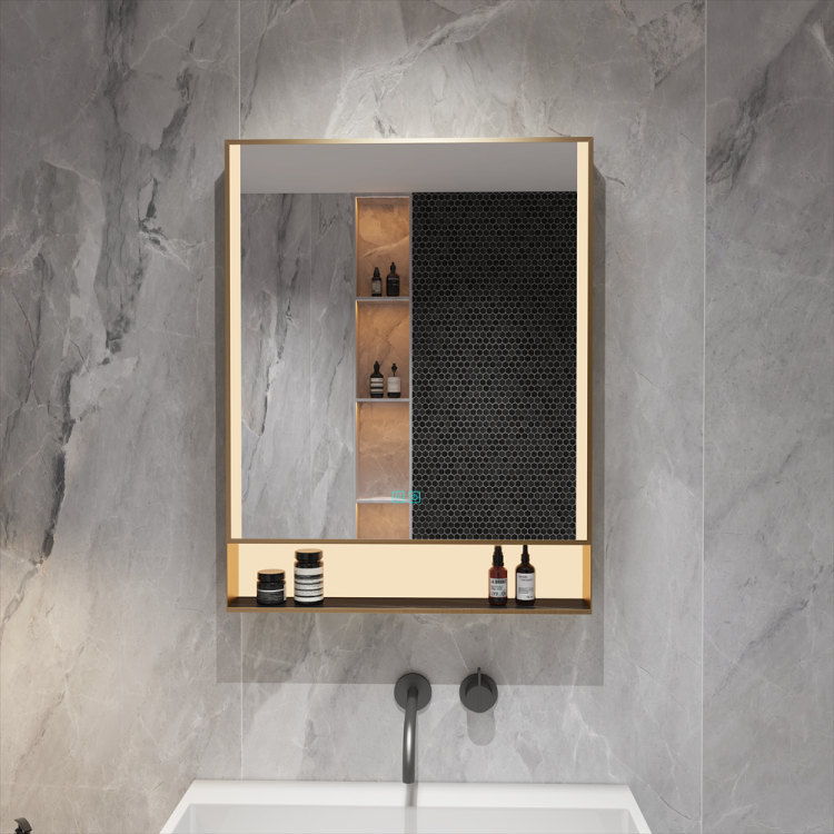 SHUIDAO — Rose Gold Smart Mirror Cabinet with Open Shelf, Speaker Grille & LED Side Strip