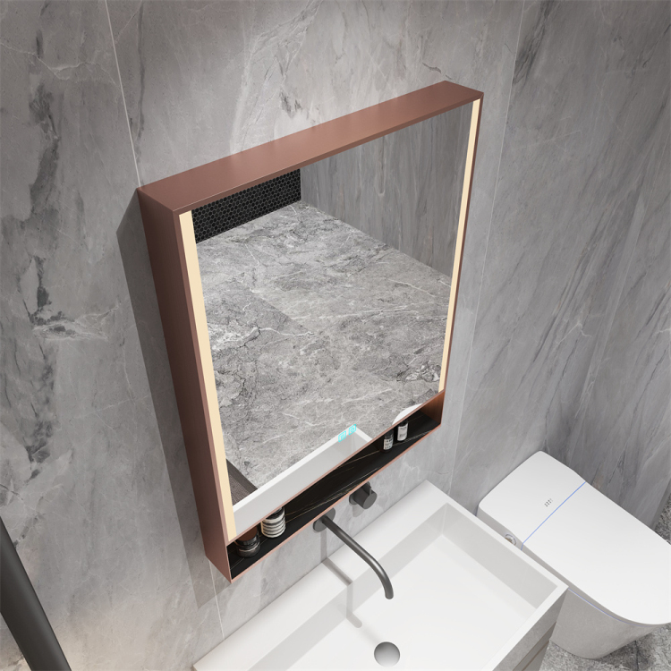 SHUIDAO — Rose Gold Smart Mirror Cabinet with Open Shelf, Speaker Grille & LED Side Strip