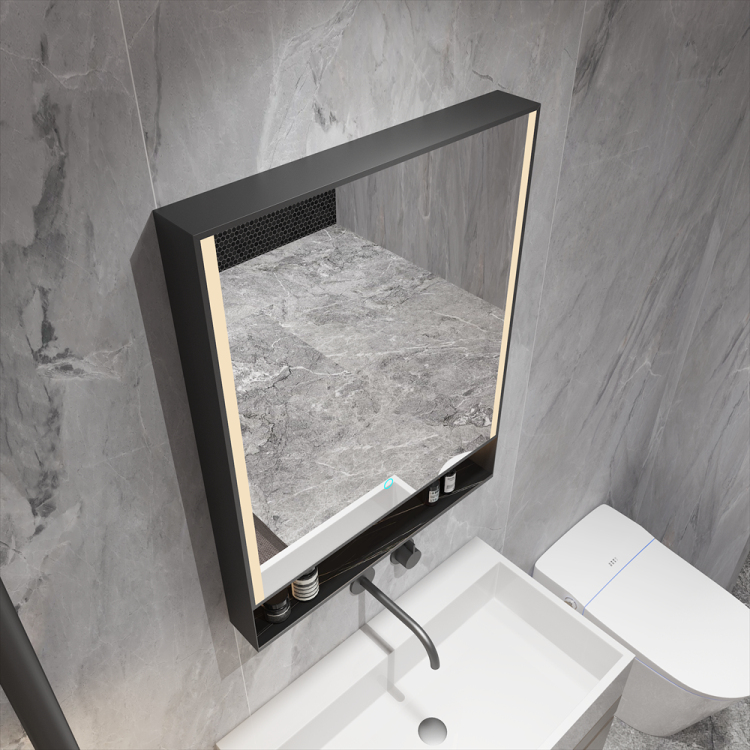 SHUIDAO — Rose Gold Smart Mirror Cabinet with Open Shelf, Speaker Grille & LED Side Strip