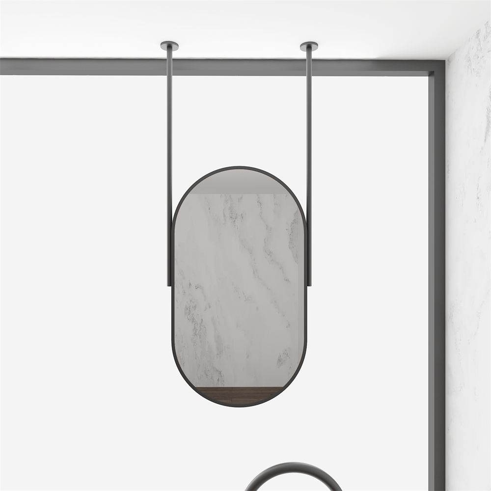 Matte Black Dual-Pole Ceiling-Suspended Capsule Mirror with Integrated Bottom Shelf