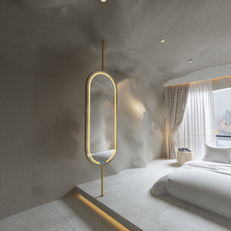 SHUIDAO — Suspended Capsule LED Mirror with Ceiling-Drop Pole Mount & Touch Control