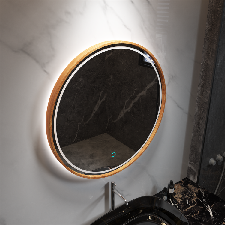 Natural Wood Frame Round LED Backlit Mirror with Touch Control