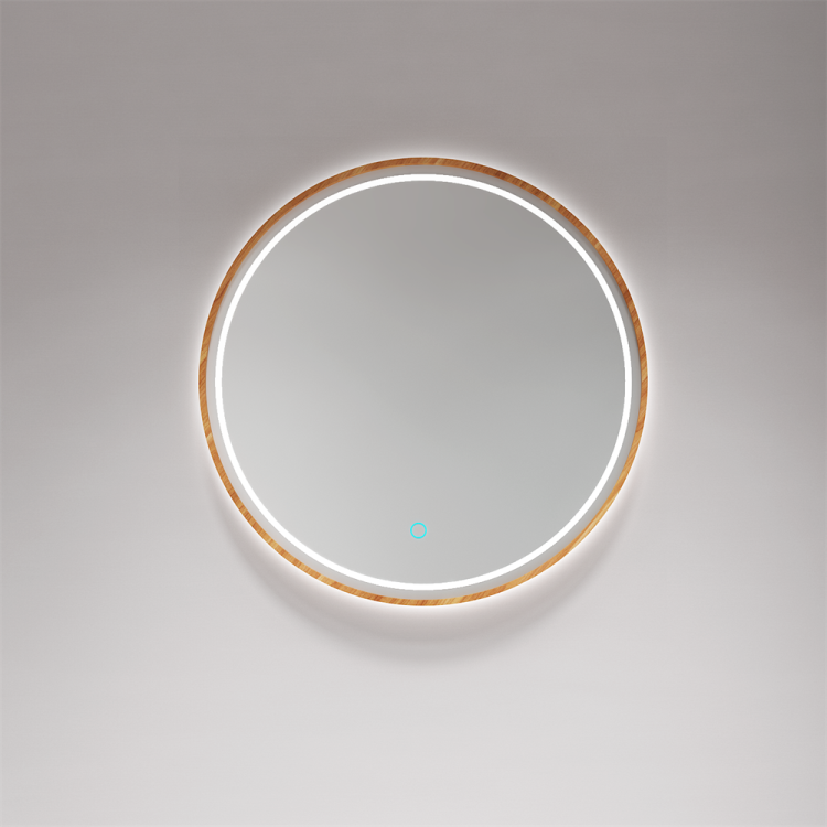 Natural Wood Frame Round LED Backlit Mirror with Touch Control