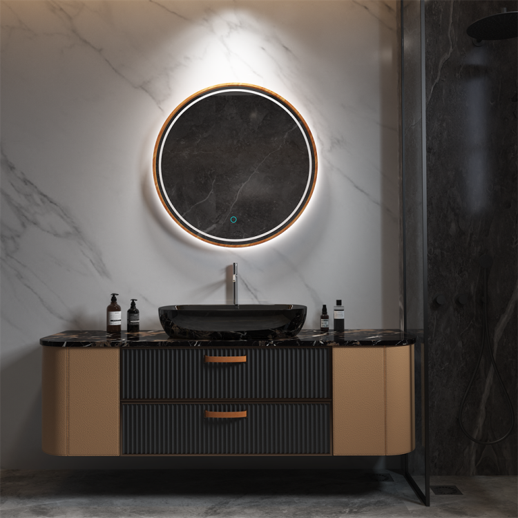 Natural Wood Frame Round LED Backlit Mirror with Touch Control