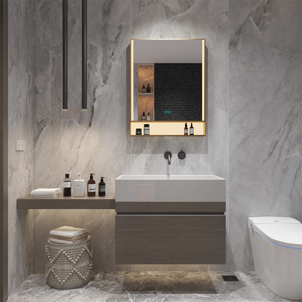 SHUIDAO — Rose Gold Smart Mirror Cabinet with Open Shelf, Speaker Grille & LED Side Strip