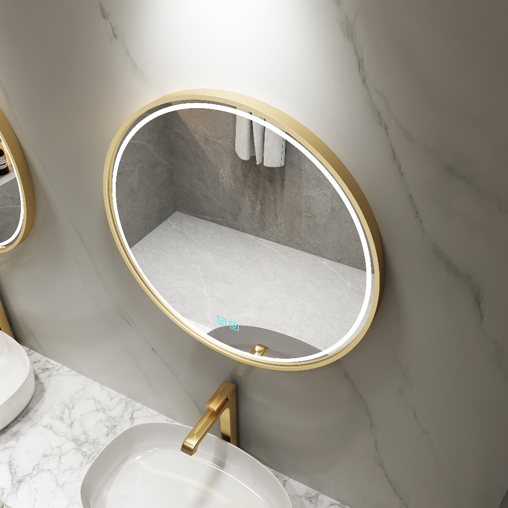Natural Wood Frame Round LED Backlit Mirror with Touch Control